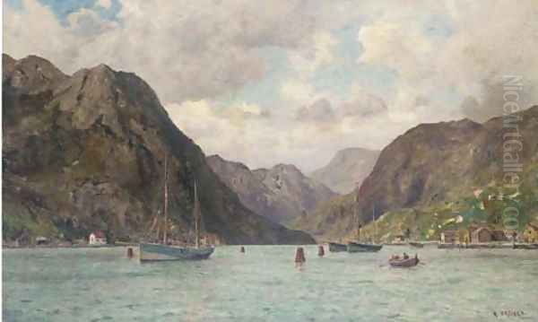 Fishing boats lying on their moorings in a Norwegian fjord Oil Painting by Henry Enfield