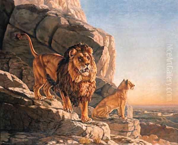 Lion and a Lioness on the Lookout on a Mountain Oil Painting by Urs Eggenschwiler