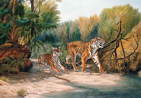 Tigers emerging from the Jungle Oil Painting by Urs Eggenschwiler