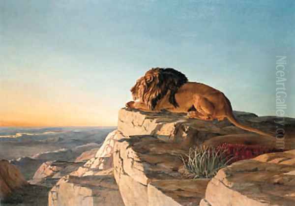 A Lion looking over a Valley from a Mountain Oil Painting by Urs Eggenschwiler