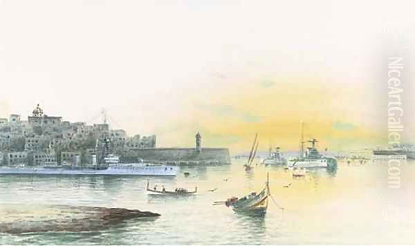 Battleships lying at anchor in Grand Harbour, Valetta Oil Painting by Gaetano Esposito