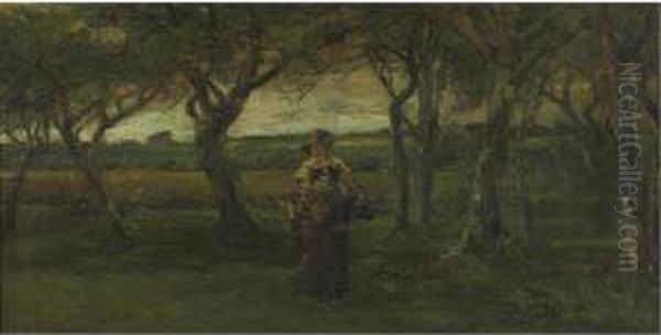 Woman In A Landscape Oil Painting by Walter Shirlaw