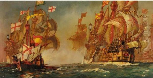 The Spanish Fleet Driven Towards
 The Flanders Coast After Fighting All Day, Make For The North Sea Oil Painting by Kenneth Denton Shoesmith