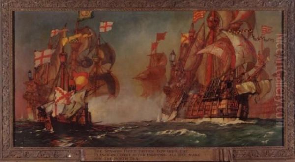 Spanish Fleet Driven Towards The Flanders Coast Oil Painting by Kenneth Denton Shoesmith