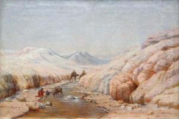 Cavaliers Franchissant Un Gue Parmi Des Mines De Sel En Algerie Oil Painting by John-Lewis Shonborn