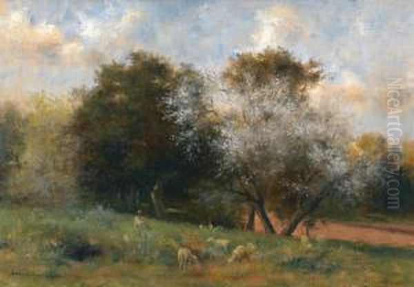 Weidepartie Mit Schafen Im Fruhling Oil Painting by John-Lewis Shonborn