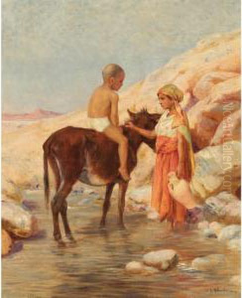 Enfants Au Bord De L'oued Oil Painting by John-Lewis Shonborn