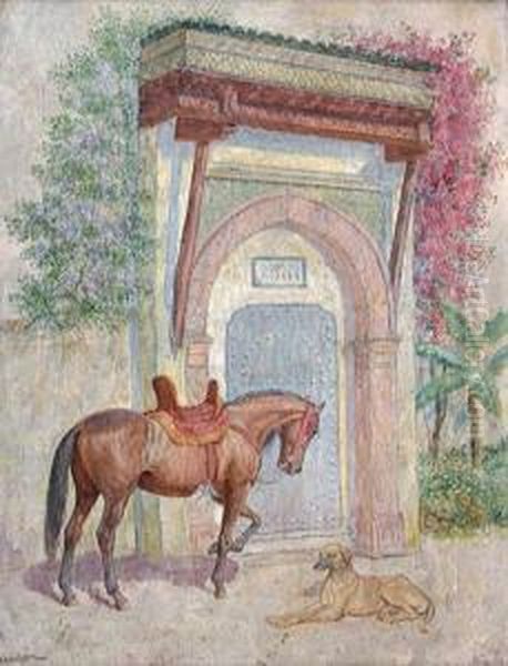 Cheval Selle Et Chien Pres D'une Porte Enalgerie Oil Painting by John-Lewis Shonborn