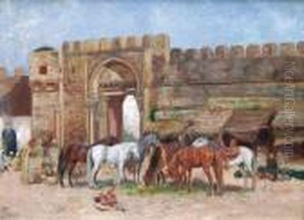 Marche Aux Chevaux A L'entree De La Ville Oil Painting by John-Lewis Shonborn