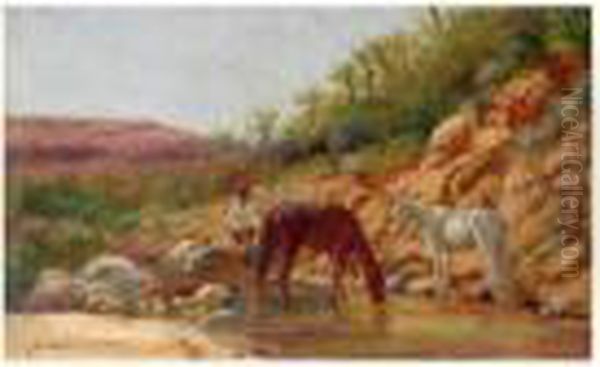 Chevaux S'abreuvant A Une Oasis. Oil Painting by John-Lewis Shonborn