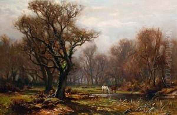 Horses Grazing By A Woodland Pool In The Newforrest Oil Painting by Frederik Golden Short