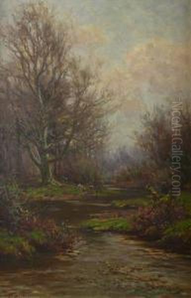 Forest Scene With Horses By A Stream Oil Painting by Frederik Golden Short