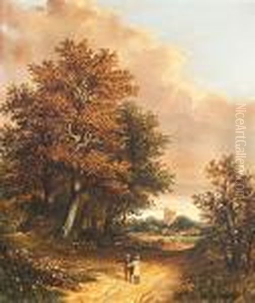 Figures On A Path Before Caistor Castle Oil Painting by Obadiah Short