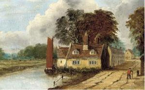 Cottages At Thorpe, Norwich Oil Painting by Obadiah Short