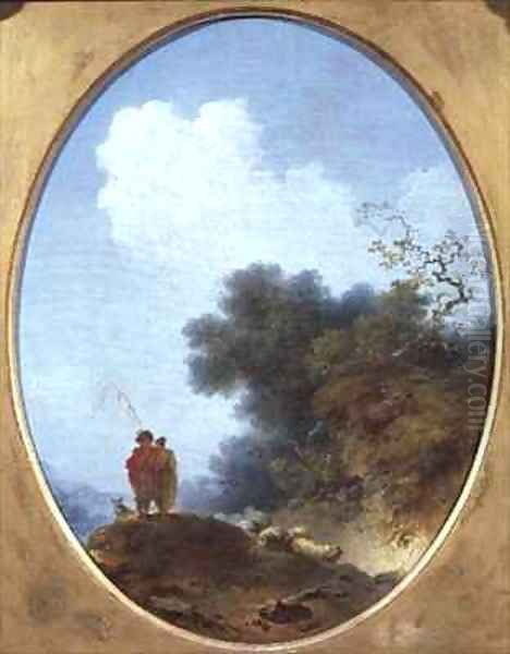 A Shepherd Playing the Flute Whilst a Peasant Girl Listens Oil Painting by Jean-Honore Fragonard