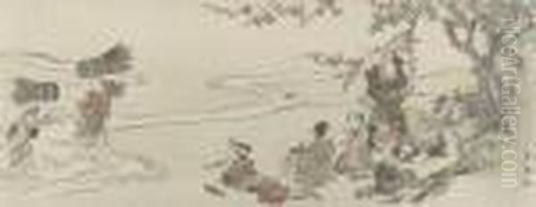 A Design Of Peasants Resting 
Under A Tree Watching Two Women Carrying Bundles Across A Stream, Signed Oil Painting by Katsukawa Shunei