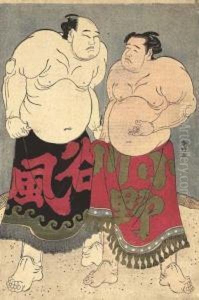 Full-length Portrait Of The Wrestlers Oil Painting by Katsukawa Shunko