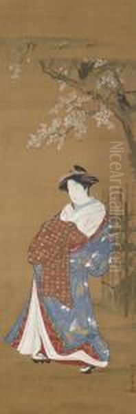 Courtesan Walking Beneath Cherry Blossoms Oil Painting by Katsukawa Shunsho