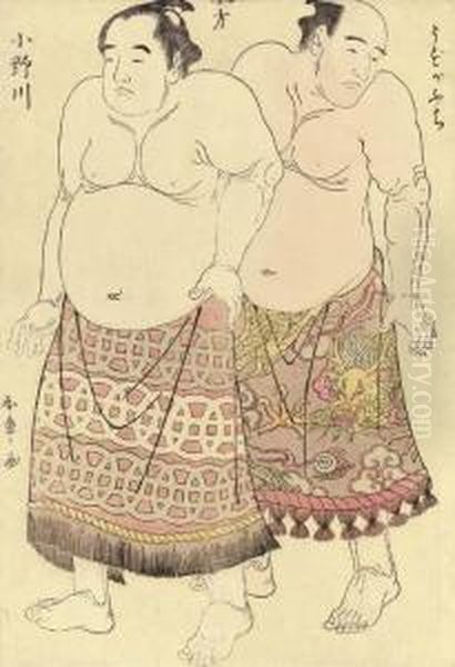 The Wrestlers Uzugafuchi And Onogawa Kisaburo Oil Painting by Katsukawa Shunsho