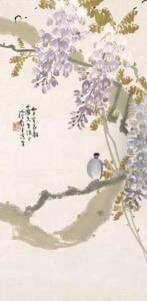 Wisteria And Bird, Flower Oil Painting by Chen Shuren