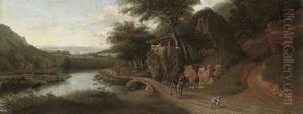 A Wooded River Landscape With Cattle Watering, A Drover On Adonkey, And A Dog On A Track Oil Painting by Jan Siberechts