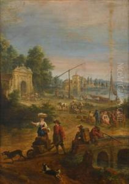 Extensive Landscape With Villagers Offloading Cargo Along Atrack Oil Painting by Jan Siberechts