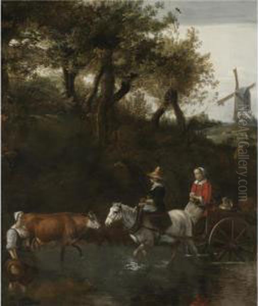 A Wooded Landscape With Peasants Fording A River, A Windmill Beyond To The Right Oil Painting by Jan Siberechts