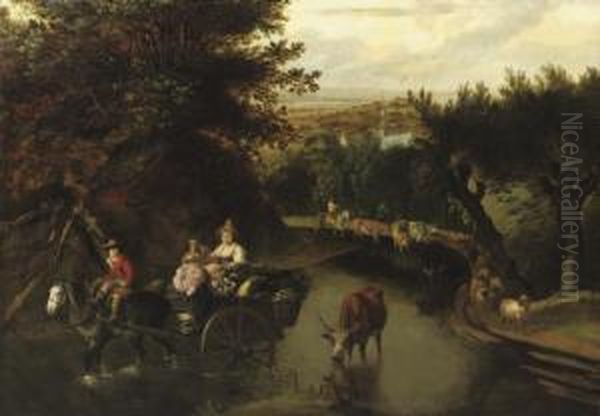 A Wooded Landscape With Peasants In A Horse-drawn Cart Travelling Down A Flooded Road Oil Painting by Jan Siberechts