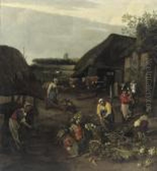 Peasants At Work In A Farmyard Oil Painting by Jan Siberechts