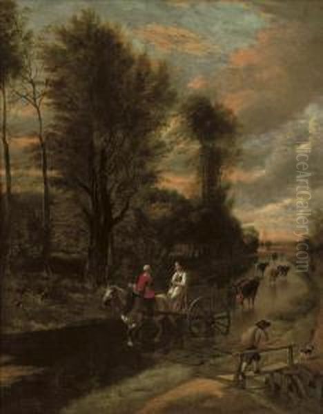 A Horse-drawn Cart With Two Women Travelling Down A Flooded Road At The Edge Of A Wood Oil Painting by Jan Siberechts