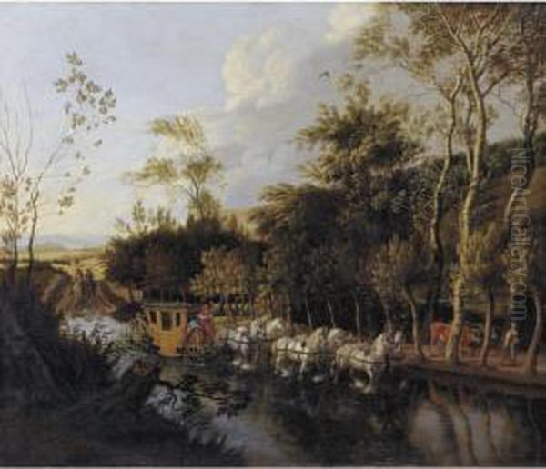 Sold By The J. Paul Getty Museum To Benefit Future Painting Acquisitions
 

 
 
 

 
 A Coach Pulled By Six Horses Crossing A Flooded Road Oil Painting by Jan Siberechts