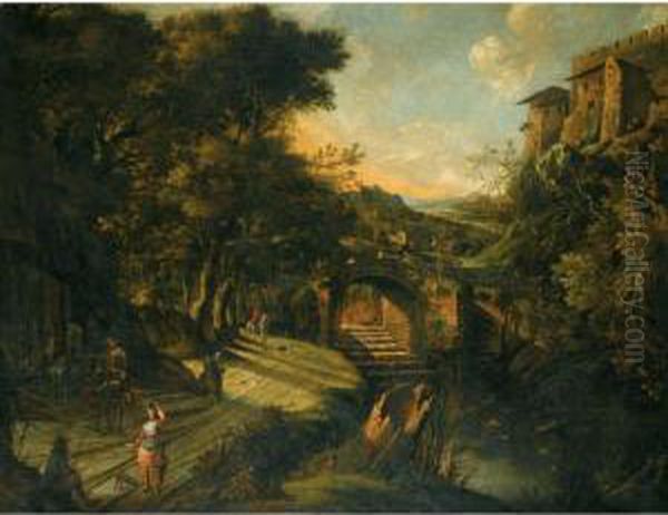 An Italianate River Landscape, With Figures On A Road Beside A Fountain, A Bridge Beyond Oil Painting by Jan Siberechts