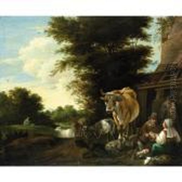 Landscape With Figures And Animals Resting Before A House Oil Painting by Jan Siberechts