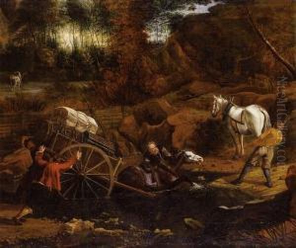 Figures With A Cart And Horses Fording A Stream Oil Painting by Jan Siberechts