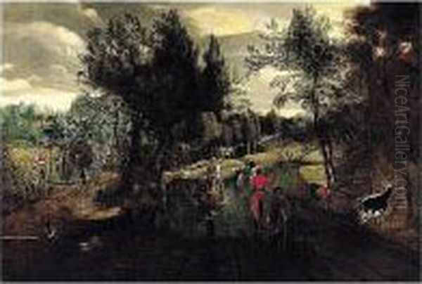 A Summer Landscape With Wagoners
 And Drovers Crossing A Ford, Harvesters In A Field Nearby Oil Painting by Jan Siberechts