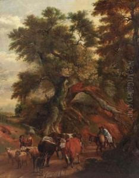 Peasants With Cattle And Flock Returning From Market On A Countryroad Oil Painting by Jan Siberechts