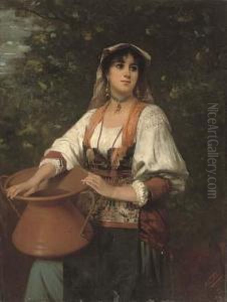 Italian Beauty Holding A Ewer Oil Painting by Nathaniel Sichel