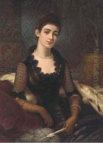 A Portrait Of Mrs James Alexander, Three-quarter Length, In A Blackdress, Holding A Fan Oil Painting by Herbert Sidney