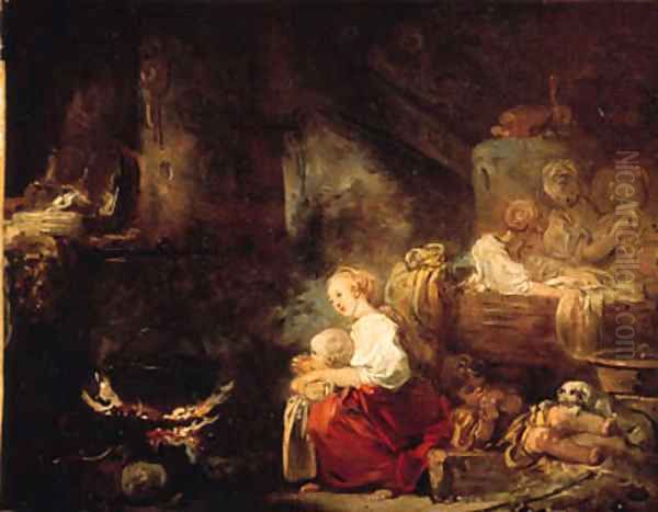 An interior of a barn with a woman and a child by a cauldron, washerwomen nearby Oil Painting by Jean-Honore Fragonard