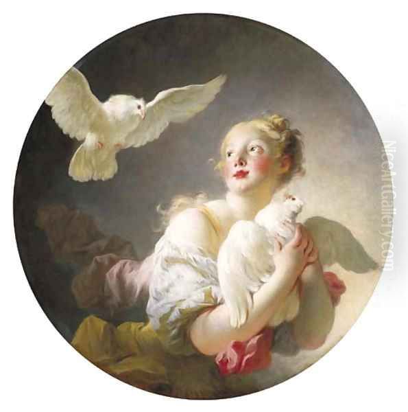 Girl holding a dove (said to be a Portrait of Marie-Catherine Colombe) Oil Painting by Jean-Honore Fragonard