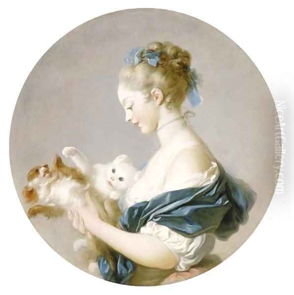 Girl playing with a dog and a cat (said to be a Portrait of Marie-Madeleine Colombe) Oil Painting by Jean-Honore Fragonard