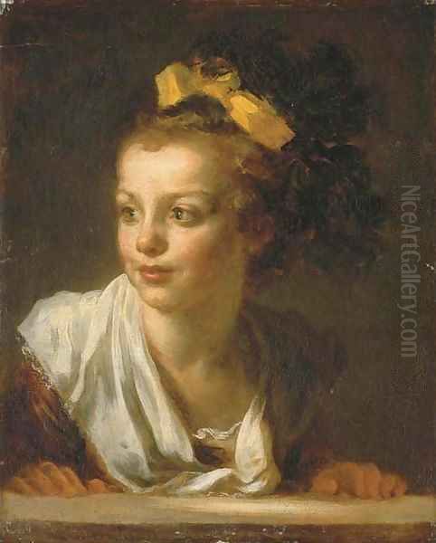 A young girl leaning on a window ledge Oil Painting by Jean-Honore Fragonard