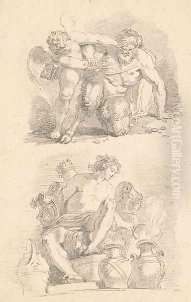 Cupid fighting a satyr and Mercury seated on a throne lifting the lid of an urn, after the old masters Oil Painting by Jean-Honore Fragonard