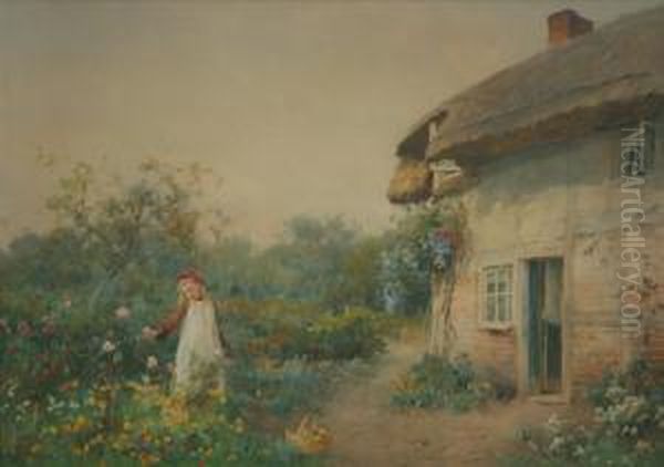 A Cottage Garden In Buckinghamshire Oil Painting by Benjamin D. Sigmund