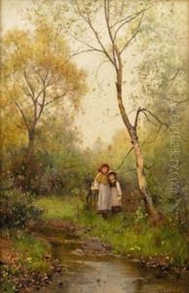 Girls In Woodland Oil Painting by Benjamin D. Sigmund