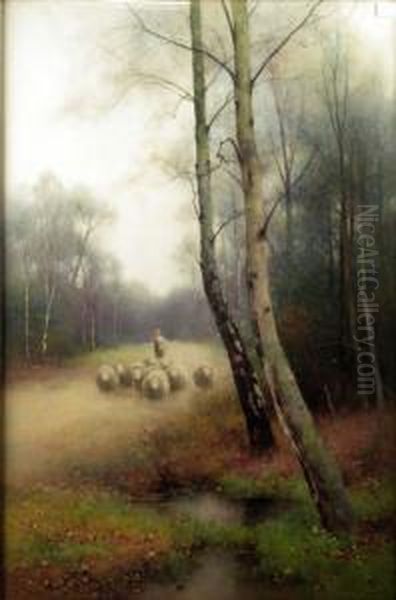 A Shepherd And Sheep In A Woodland Clearing Oil Painting by Benjamin D. Sigmund