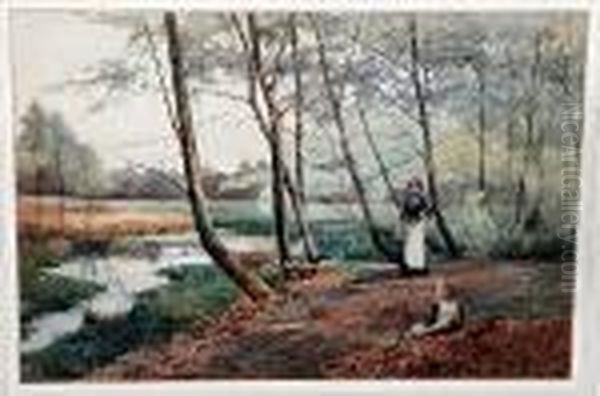 Woman And Child Gathering Wood By A Pond Oil Painting by Benjamin D. Sigmund