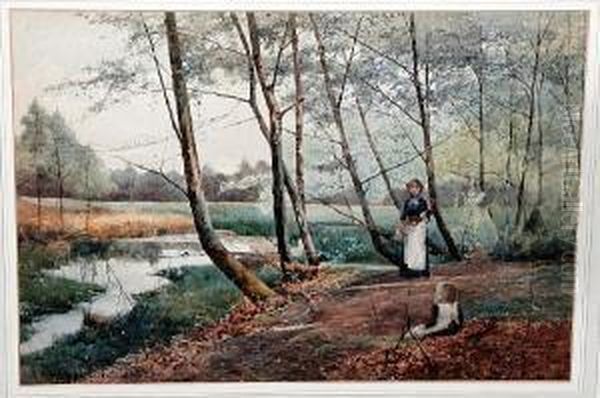 Woman And Child Gleaning By A Pond Oil Painting by Benjamin D. Sigmund