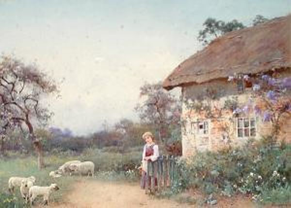 Grazing The Cattle; At The Cottage Door Oil Painting by Benjamin D. Sigmund