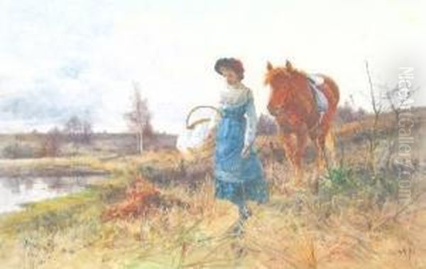 A Young Girl With Her Pony Oil Painting by Benjamin D. Sigmund